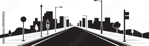 Black City street with road at early morning, empty sunset driveway, walkway. design Vector black silhouette