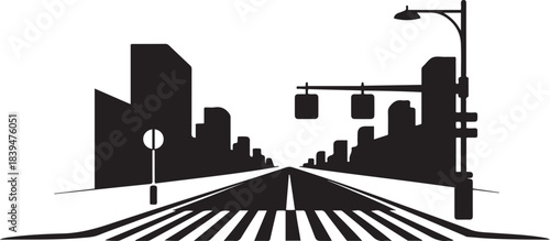 Black City street with road at early morning, empty sunset driveway, walkway. design Vector black silhouette