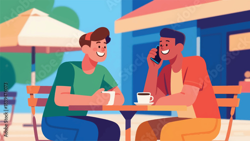 Illustration Of Two Friends, One Using A Communication Device To Speak, Are Enjoying Coffee At An Outdoor Cafe Vector Design Template