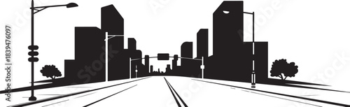 Black City street with road at early morning, empty sunset driveway, walkway. design Vector black silhouette