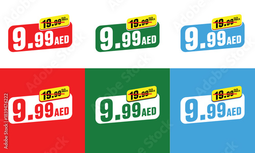 sale price tag vector design featuring a bold discounted price of 9.99 AED from the old price of 19.00 AED, ideal for online promotions, retail banners, product listings, and e-commerce store offers.