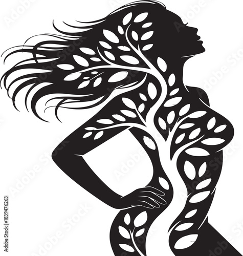 Striking black and white silhouette of a woman whose body transforms into a flourishing tree symbolizing nature and organic growth concepts