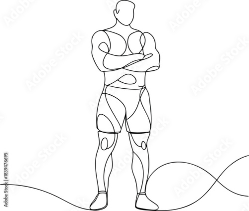 Continuous line drawing of a muscular man standing confidently with crossed arms on a clean background