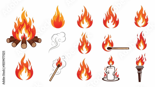 Vibrant flame icons and fire symbols in various styles