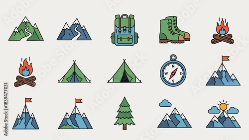 Vibrant camping icons set for outdoor adventures and travel