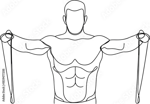 Dynamic fitness illustration of a strong muscular man performing resistance band arm exercises for effective strength training
