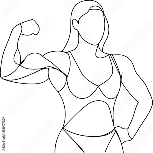 Minimalist black line art illustration of a strong athletic woman flexing her bicep portraying fitness and healthy lifestyle concepts