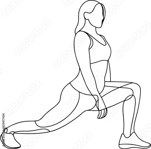 Minimalist continuous line art drawing of a fit woman performing a lunge stretch exercise routine