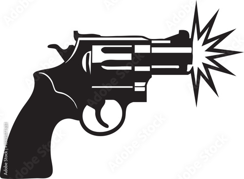 Black silhouette of a firing revolver gun with a bright muzzle flash graphic element on a light