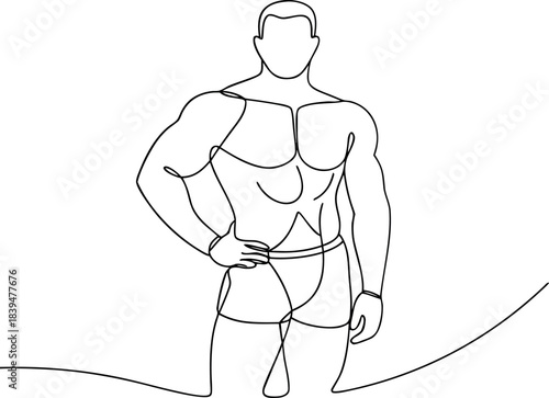 Minimalist continuous line art drawing of a muscular strong male figure posing for a fitness concept