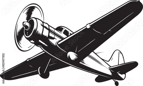 Vintage propeller airplane flying high in the sky rendered as a detailed black and white vector graphic illustration