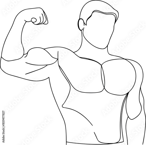 Minimalist continuous line art drawing of a strong muscular man flexing his bicep and chest showcasing a powerful physique concept