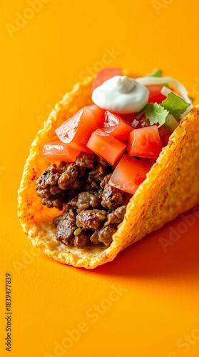Bright orange background framing a crunchy taco with layered toppings warm glow and detailed textures
