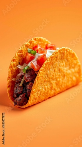 Crunchy taco set on bright orange background with rich layers crisp edges and warm inviting tones
