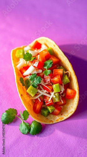 Bright purple background framing a soft taco with layered elements soft highlights and appealing tones
