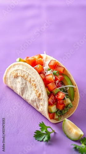 Vibrant soft taco set on bright purple background with rich detail smooth lighting and balanced composition

