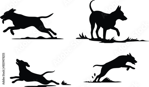 Energetic Black Silhouette Collection of Four Hunting Dogs Running, Jumping, and Posing on Grass, Illustrating Dynamic Canine Motion and Animal Activity Vector Art.