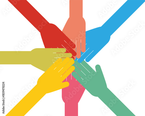 Colorful hands joined in a circle symbolizing unity and teamwork