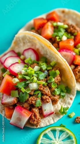 Colorful street taco set on bright cyan background with crisp textures warm accents and balanced arrangement
