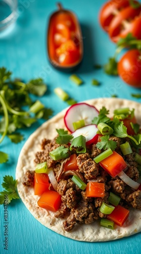 Street taco framed by bright cyan background with vivid ingredients gentle glow and inviting mood

