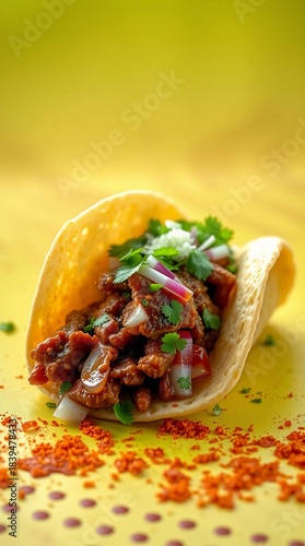 Birria taco arranged on bright lime background with vivid tones soft accents and inviting presentation
