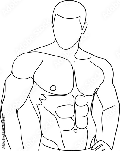 Minimalist line art illustration of a strong muscular male torso with defined abdominal muscles