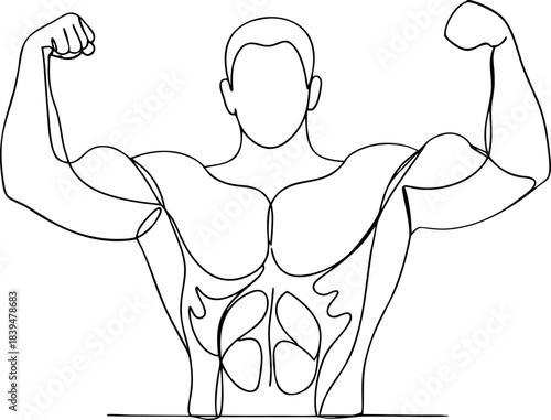 Minimalist oneline art drawing of a strong muscular man flexing his powerful biceps symbolizing fitness and strength