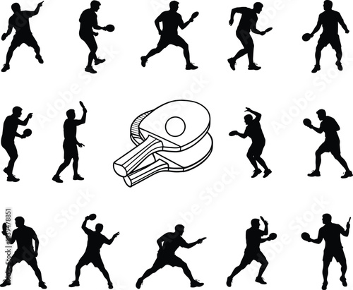 Set of table tennis players silhouettes, action poses, black vector graphic collection, ping pong sport illustration, competitive game, athletic movement, paddle and ball icon.