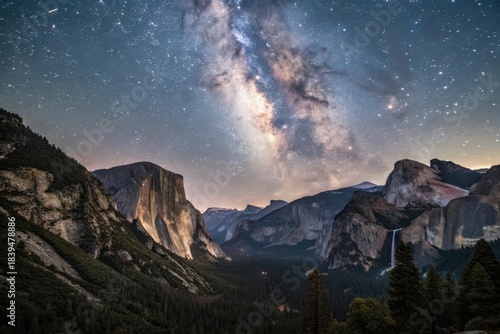 Stunning milky way galaxy over yosemite valley mountains at night sky