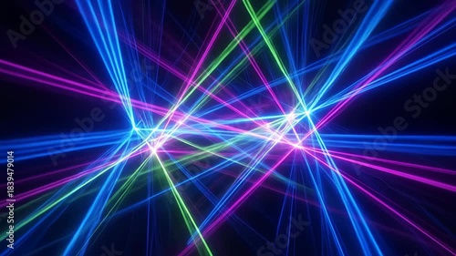 Abstract Colorful Neon Laser Beams Intersecting in Darkness.