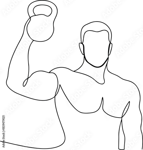 Muscular man exercising with a kettlebell in a minimalist continuous line art style depicting strength and fitness