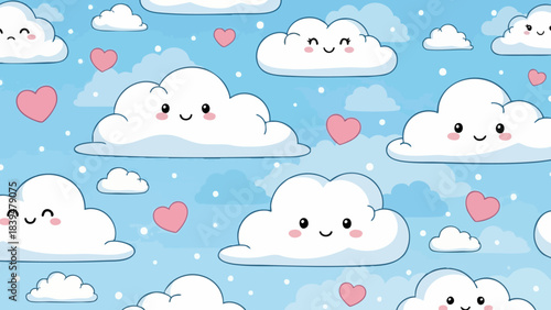 Adorable cartoon cloud pattern with smiling faces and pink hearts on a blue sky background