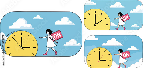 Woman pushing a large clock face with an on sign symbolizing time management and activation concepts