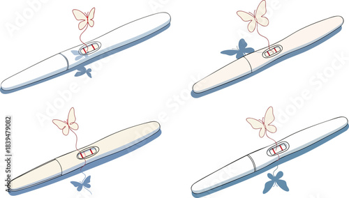 Four different pregnancy test results illustrated with delicate butterflies symbolizing hope and uncertainty