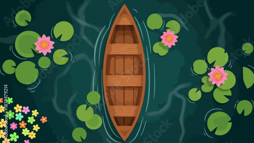 Overhead view of a wooden rowboat floating peacefully among lily pads and pink water lilies on dark water