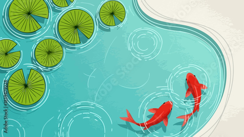 Overhead view of two vibrant red koi fish swimming beneath bright green lily pads in tranquil blue water