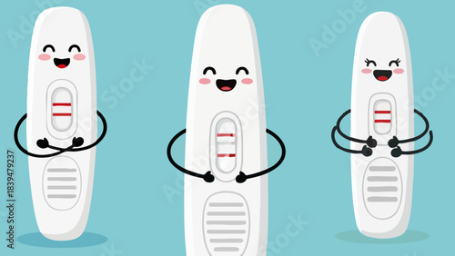 Three happy cartoon pregnancy test strips showing positive results against a light blue background