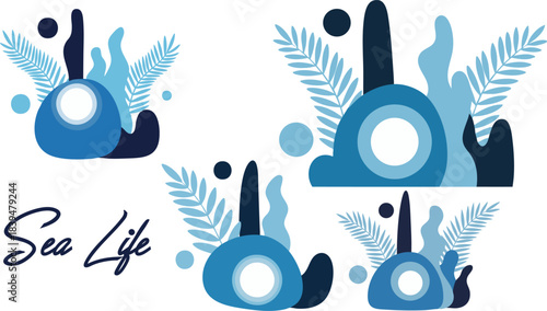 Collection of stylized deep blue sea life icons featuring abstract coral and seaweed elements on black