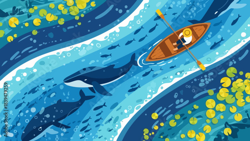 Overhead view of person rowing a small boat past large whales swimming in a vibrant blue river scene