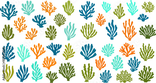 Colorful collection of stylized pixelated coral reef silhouettes set against a stark black background