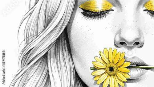Pencil Sketch of a Beautiful Face With Yellow Flower