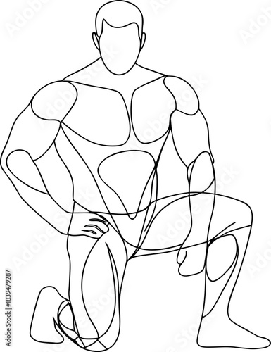 Muscular man kneeling in a powerful pose depicted in a minimalist continuous line art style illustration for fitness concepts