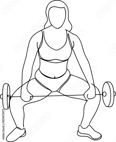 Strong athletic woman doing a barbell squat or deadlift exercise in a minimalist continuous line art illustration for fitness and wellness motivation