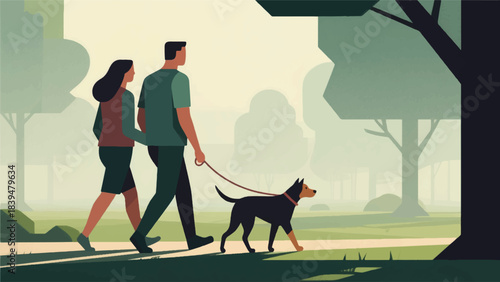 Illustration Of Two People Walking Their Dog On A Leash In A Misty, Peaceful Park Vector Design Template
