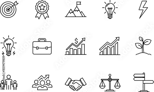 Business success growth ideas icons: strategy, finance, leadership Vector