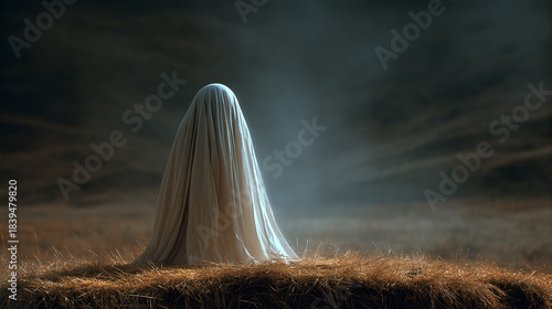 A spooky ghost stands in a field shrouded in mystery