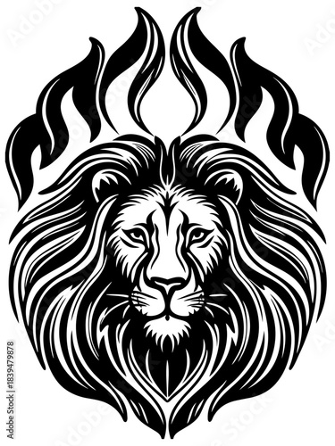 Powerful black and white stylized lion head with tribal flame mane illustration