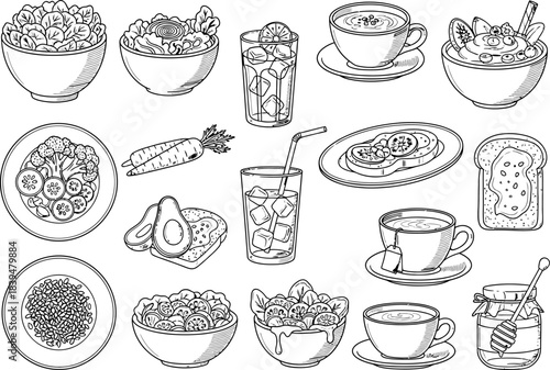 Healthy food sketch collection. fresh meals, drinks, and snacks. Vector
