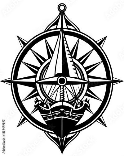 Stylized Black and White Compass Rose with Ship and Dagger Symbol