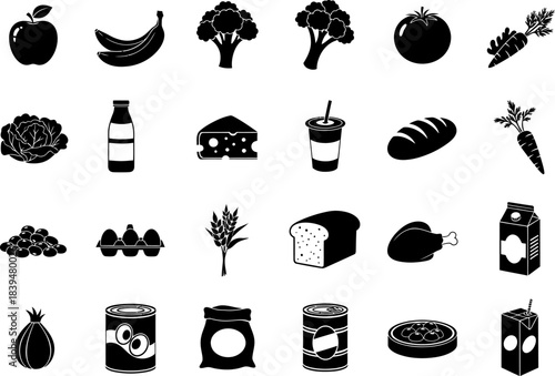 Food grocery shopping healthy eating diet meal ingredients icons Vector